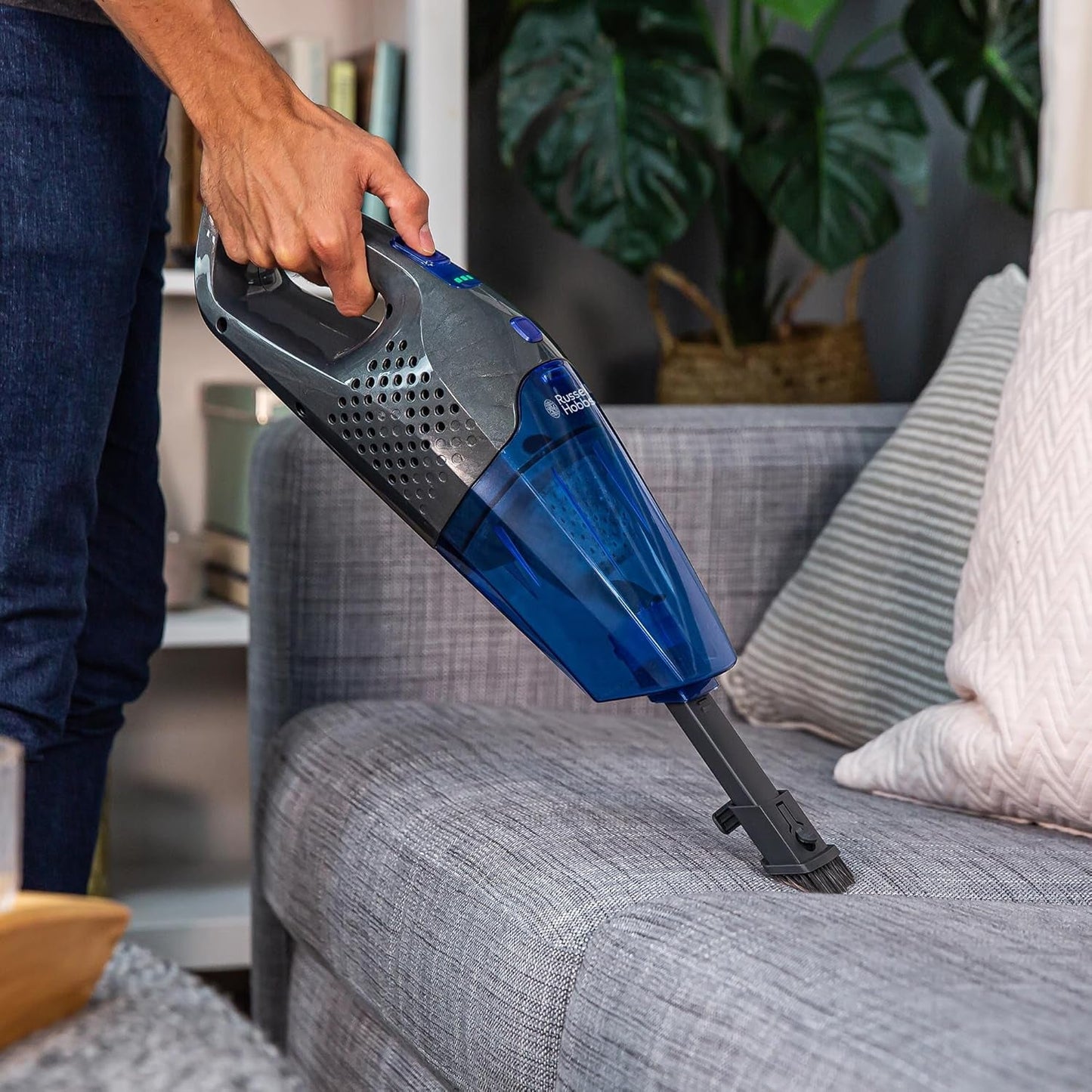 Russell Hobbs Cordless Upright Stick Vacuum Cleaner Bagless 2 in 1 Grey and Blue 600W 2 Speed Settings 60 Min Run Time, for Carpets & Hard Floors with Crevice & Brush Tool, 2 Year Guarantee RHSV2211