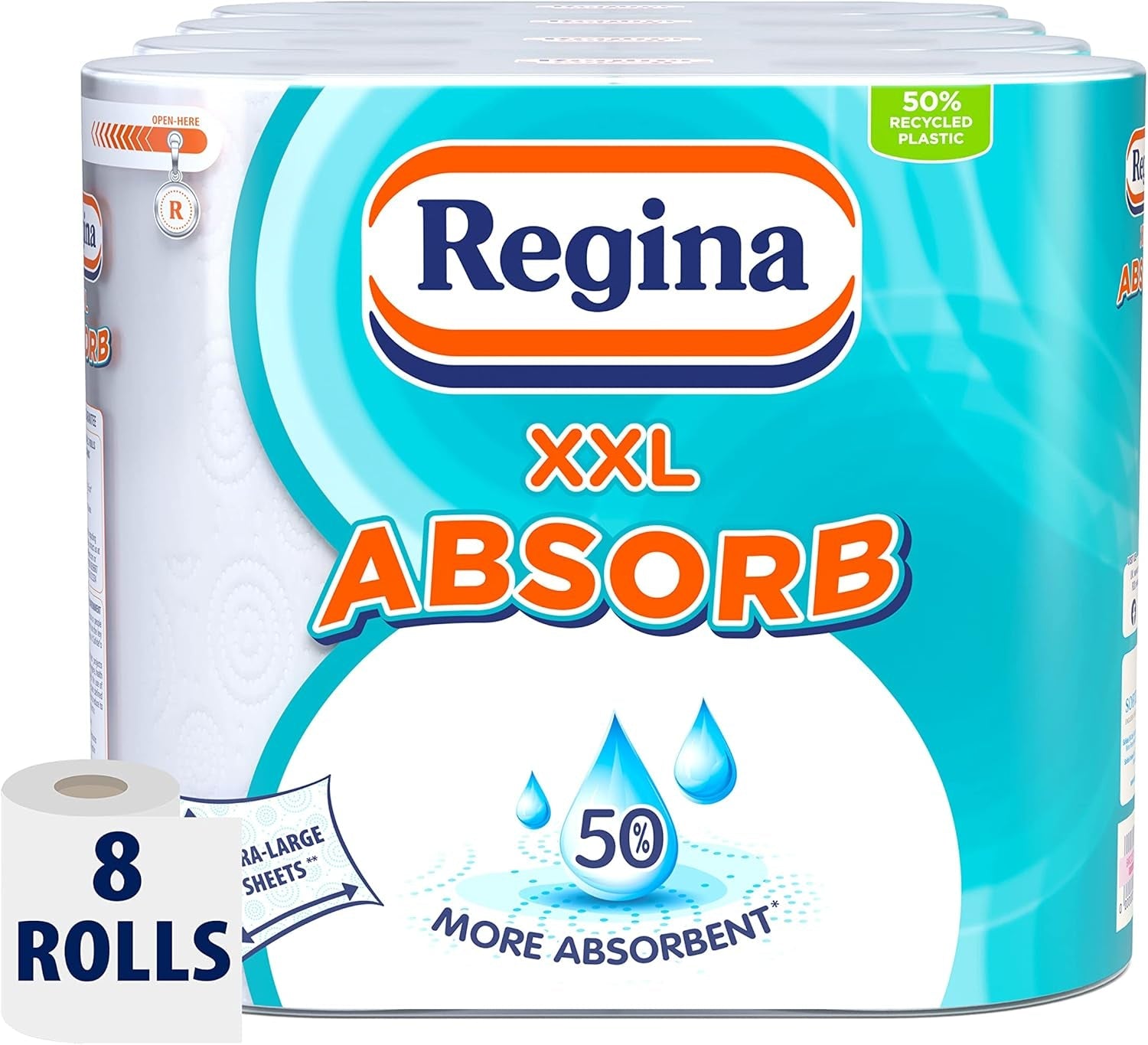 Regina XXL Absorb Kitchen Towels – 8 Rolls per Pack, Super Absorbent 2-Ply Kitchen Towels, 75 Sheets per Roll, Extra-Large Sheets, 50 Percent More Absorbent than Previous XXL Products, Easy Open Pack