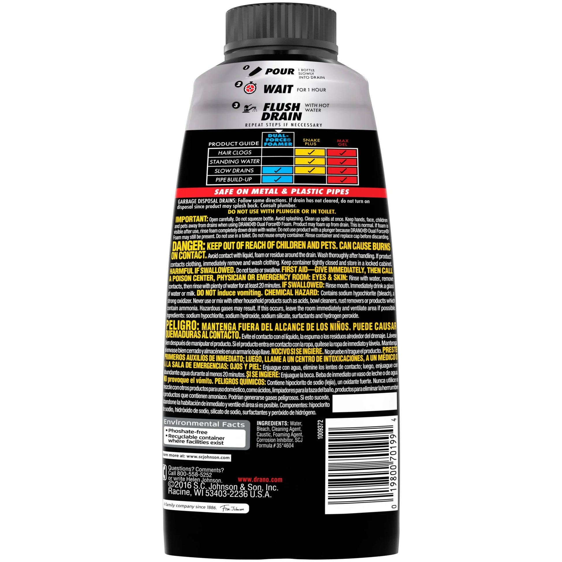 Drano Dual-Force Foamer, Hair and Drain Clog Remover, Commercial Line, 17 Fl Oz