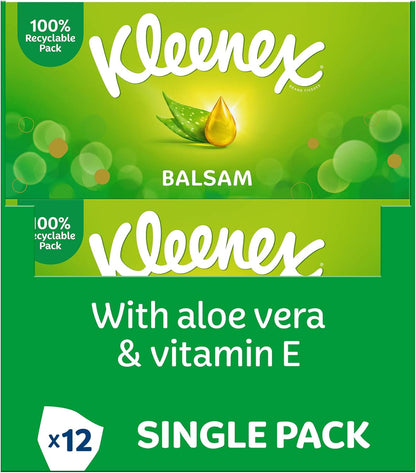 Kleenex Balsam Facial Tissues - Pack of 12 Tissue Boxes - Balm Tissues Protect and Soothe Your Nose When You'Ve Got a Cold - Balmcare with Aloe Vera, Vitamin E and Calendula