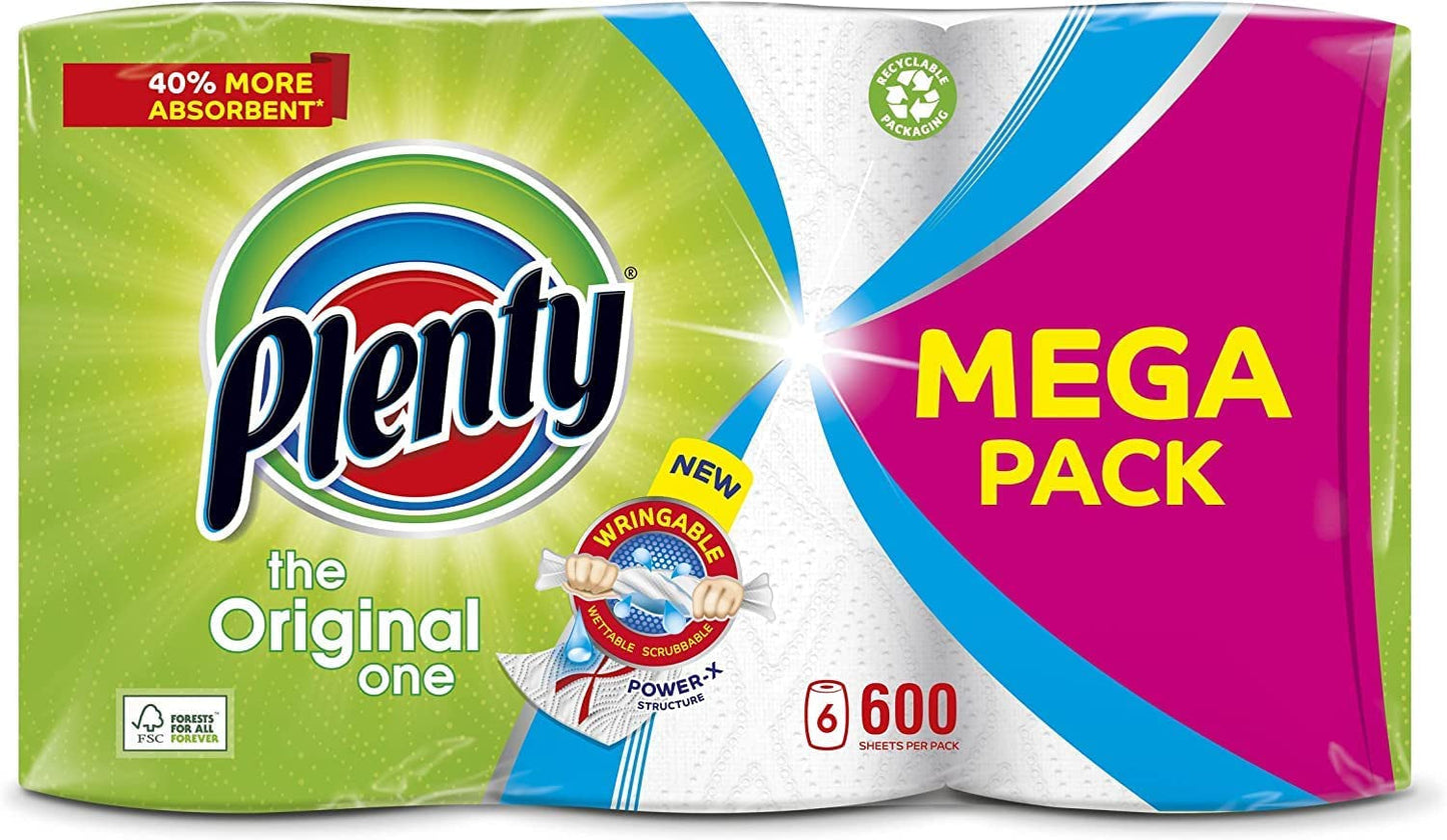 PLENTY Kitchen Towel, 6 White Rolls, 600 Sheets of Kitchen Roll, 2-Ply Tissue