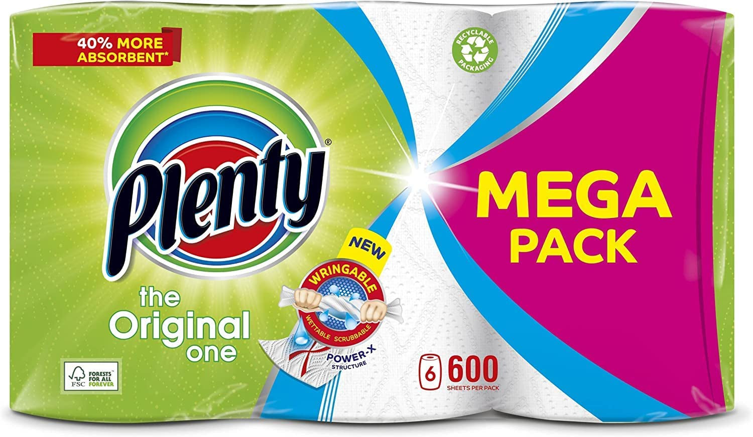 PLENTY Kitchen Towel, 6 White Rolls, 600 Sheets of Kitchen Roll, 2-Ply Tissue