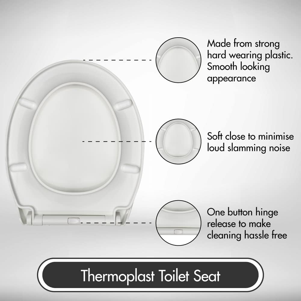 AQUALONA® Premium Thermoplastic Toilet Seat - Soft Close Hard-Wearing Seat with One Button Hinge Release, O-Shaped - Easy to Clean and Install with Universal Fittings, (White - Oval Shaped)