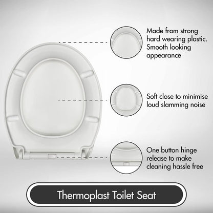 AQUALONA® Premium Thermoplastic Toilet Seat - Soft Close Hard-Wearing Seat with One Button Hinge Release, O-Shaped - Easy to Clean and Install with Universal Fittings, (White - Oval Shaped)