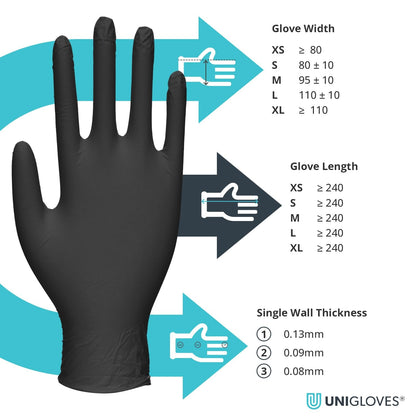 Unigloves PRO.TECT Black GA0042 Nitrile Single Use - Multipurpose, Powder Free Disposable Gloves, Box of 100 Gloves, Black, Small