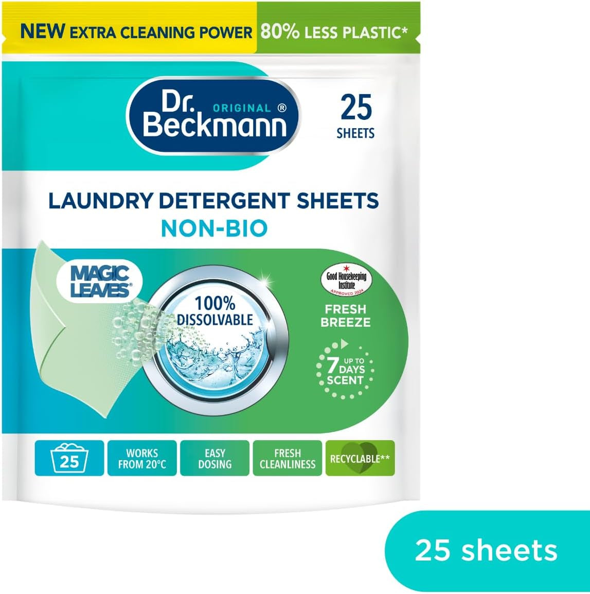 Dr. Beckmann MAGIC LEAVES Laundry Detergent Sheets NON-BIO | Convenient and Pre-Dosed Laundry Detergent Sheets | Dissolvable Climate Neutral and Easy to Use | 25 Sheets