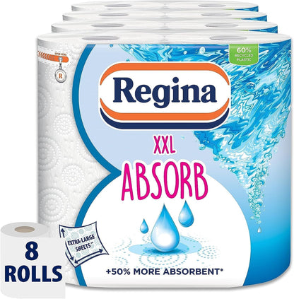 Regina XXL Absorb Kitchen Towels – 8 Rolls per Pack, Super Absorbent 2-Ply Kitchen Towels, 75 Sheets per Roll, Extra-Large Sheets, 50 Percent More Absorbent than Previous XXL Products, Easy Open Pack