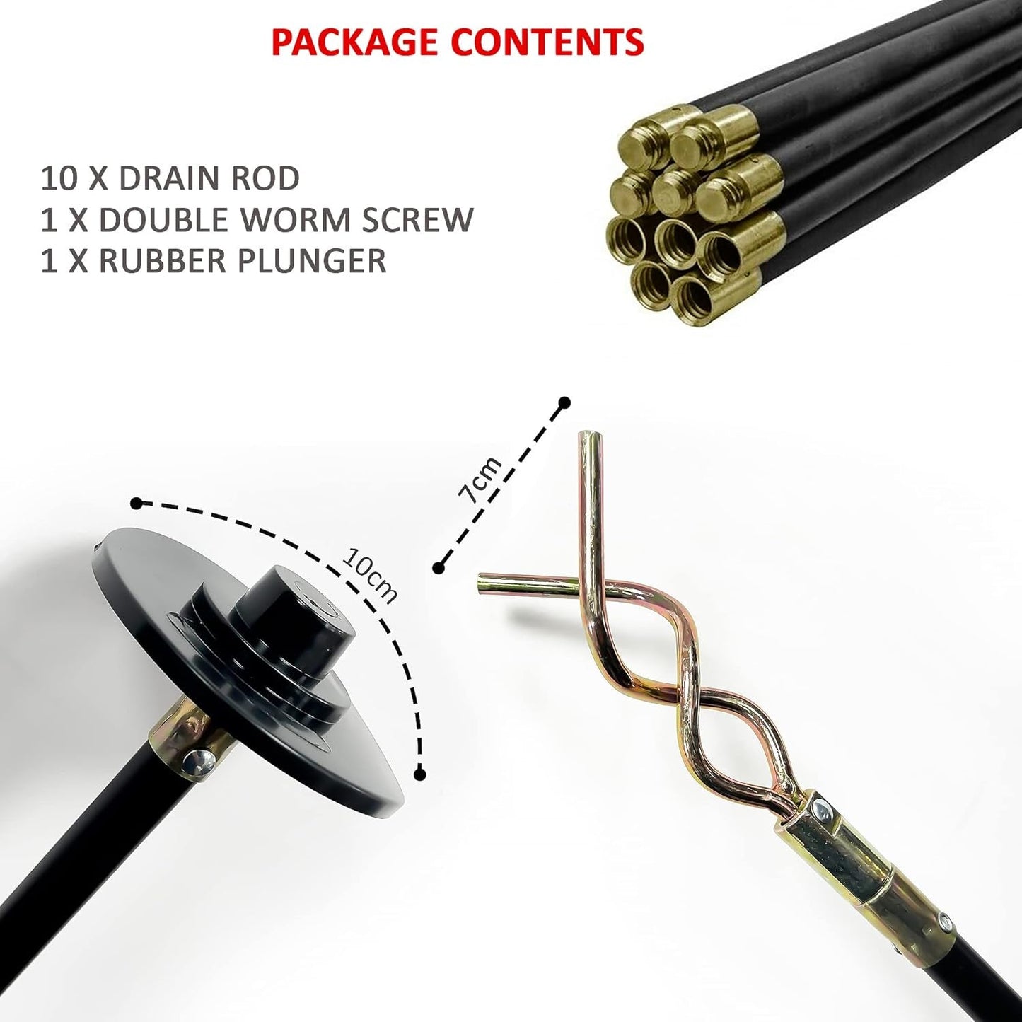 12 Pcs Drain RODS Set Professional Heavy Duty Unblock Plunger Double Worm Screw 9M Unblocked Drainage Pipes Cleaning Gutter Road Unblocker with Carry Bag