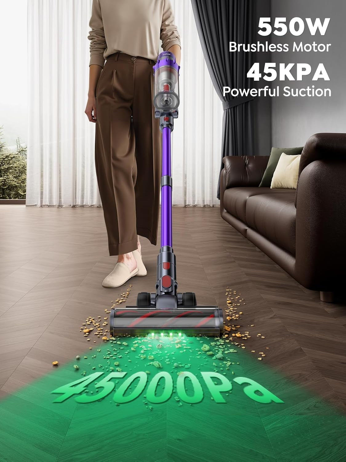 SMOTURE Cordless Vacuum Cleaner, 550W 45KPA Stick Vacuum with Touch Screen, up to 60 Mins Runtime, Self-Standing Vacuum with Auto Mode, Lightweight Vacuums for Hardwood Floor Carpet Car Pet Hair