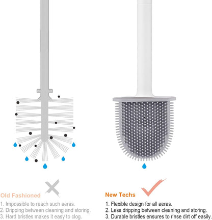 Ibergrif M34151-3 Toilet Brushes & Holders, Deep Cleaner Silicone Toilet Brush, Flat Toilet Brush with Long Handle, Quick Drying Loo Brush and Holder for Bathroom, Base Flooring/Wall Mounted, White