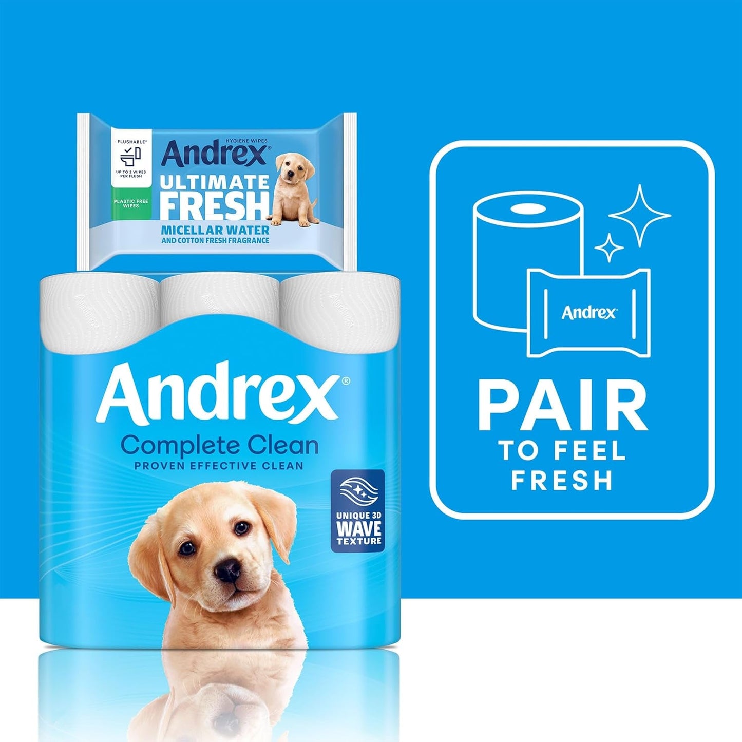 Andrex Complete Clean Toilet Tissue 9 Rolls (Previously Andrex Classic Clean) Unbeatable Toilet Paper with Unique 3D Wave, FSC Certified