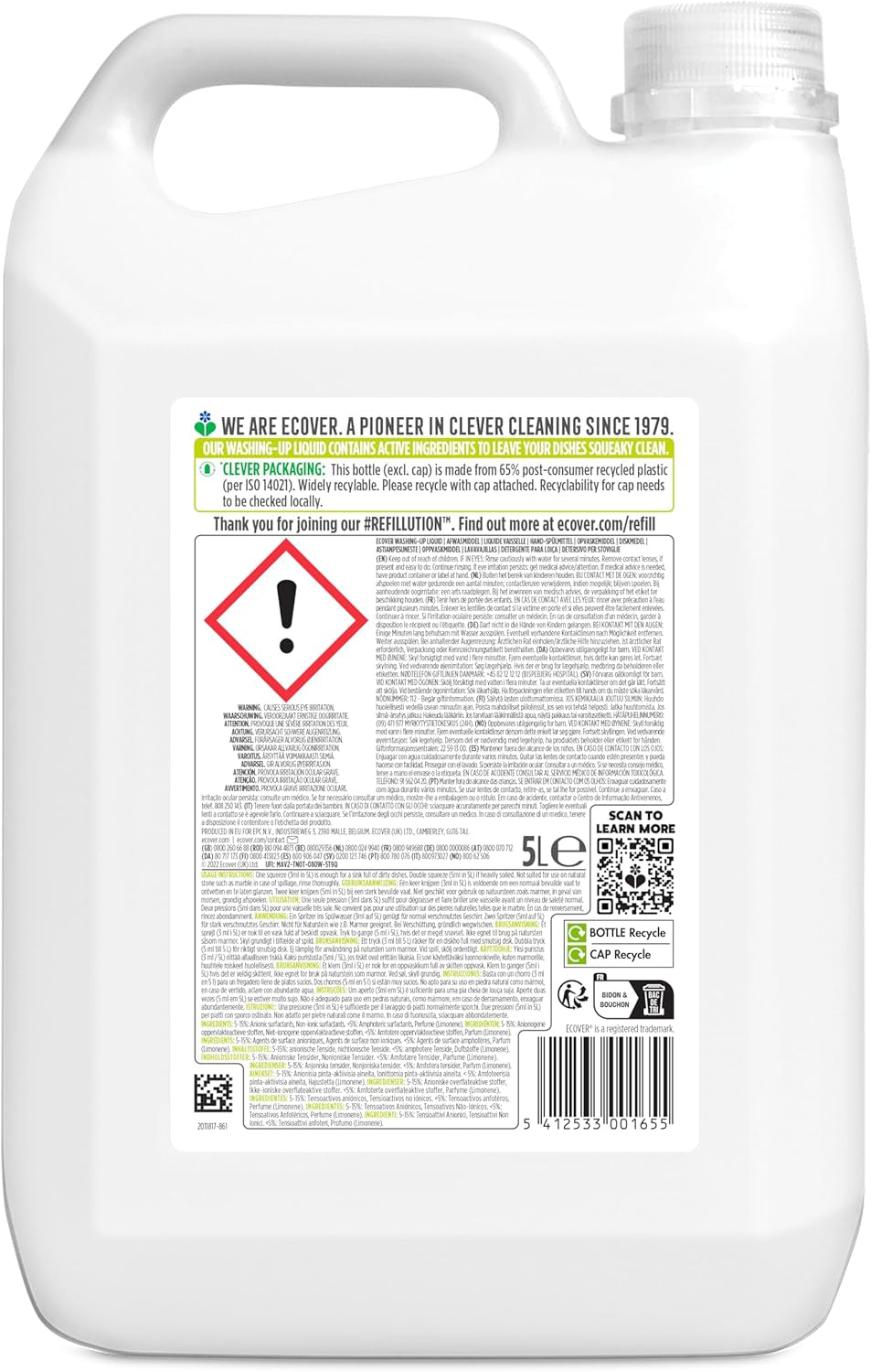 Ecover Washing up Liquid Refill, Lemon & Aloe Vera, 5L