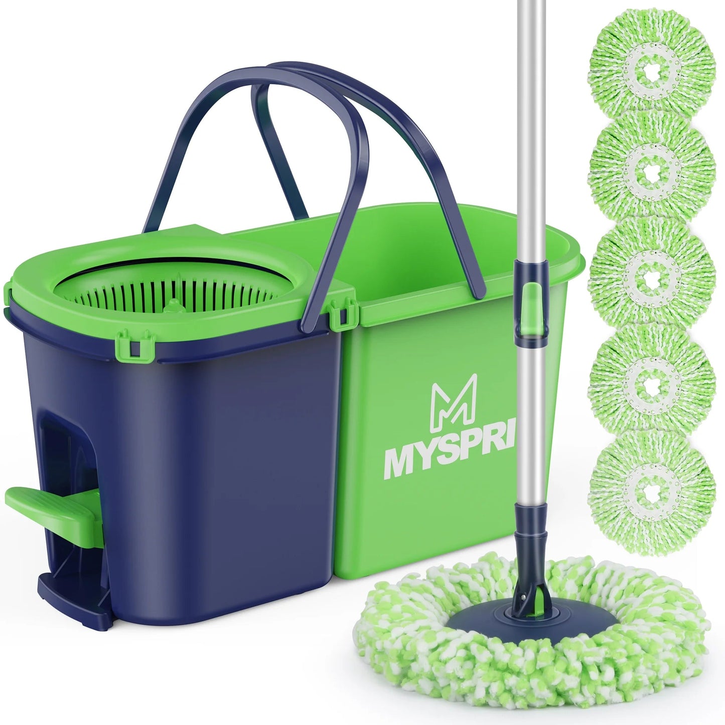 MYSPRI Spin Mop and Bucket System with Wringer Set for Floor, Separate Clean and Dirty Water, 3 Microfiber Mop Pads