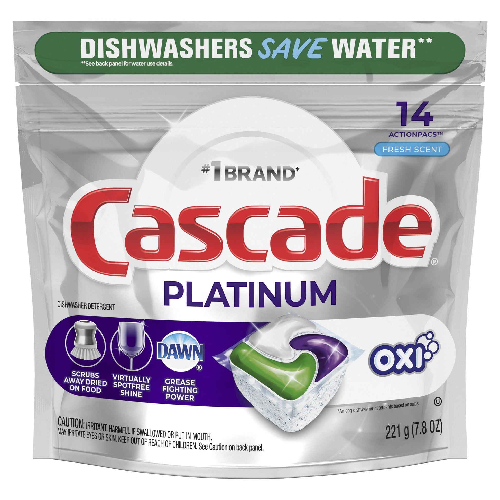 Cascade Platinum + Oxi Dishwasher Pods, Action Pacs Dishwasher Detergent Tabs, Fresh, 14 Count