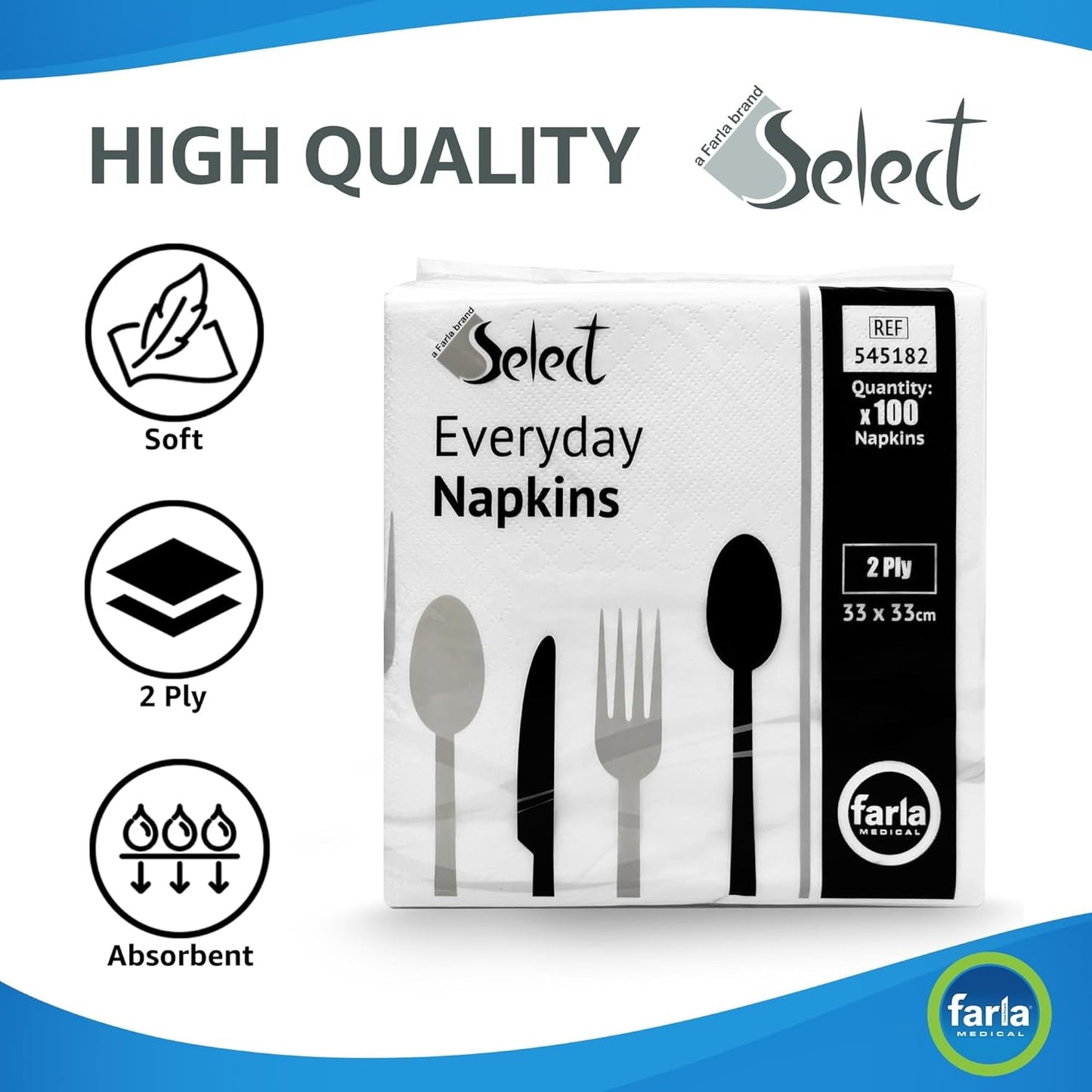 Select White Paper Napkins - Pack of 100 2-Ply Disposable Table Napkins - Soft and Strong Paper Serviettes for All Occasions - Everyday Tissues for Cleaning Spills Wiping Surfaces Personal Hygiene