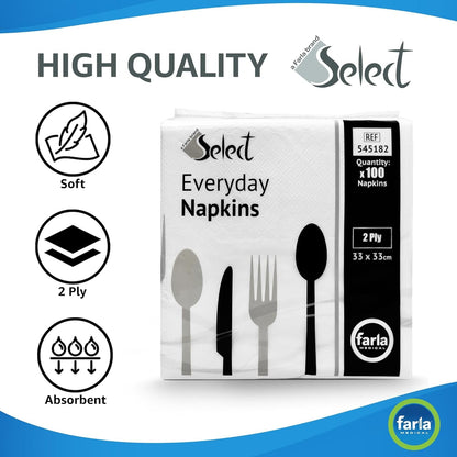 Select White Paper Napkins - Pack of 100 2-Ply Disposable Table Napkins - Soft and Strong Paper Serviettes for All Occasions - Everyday Tissues for Cleaning Spills Wiping Surfaces Personal Hygiene