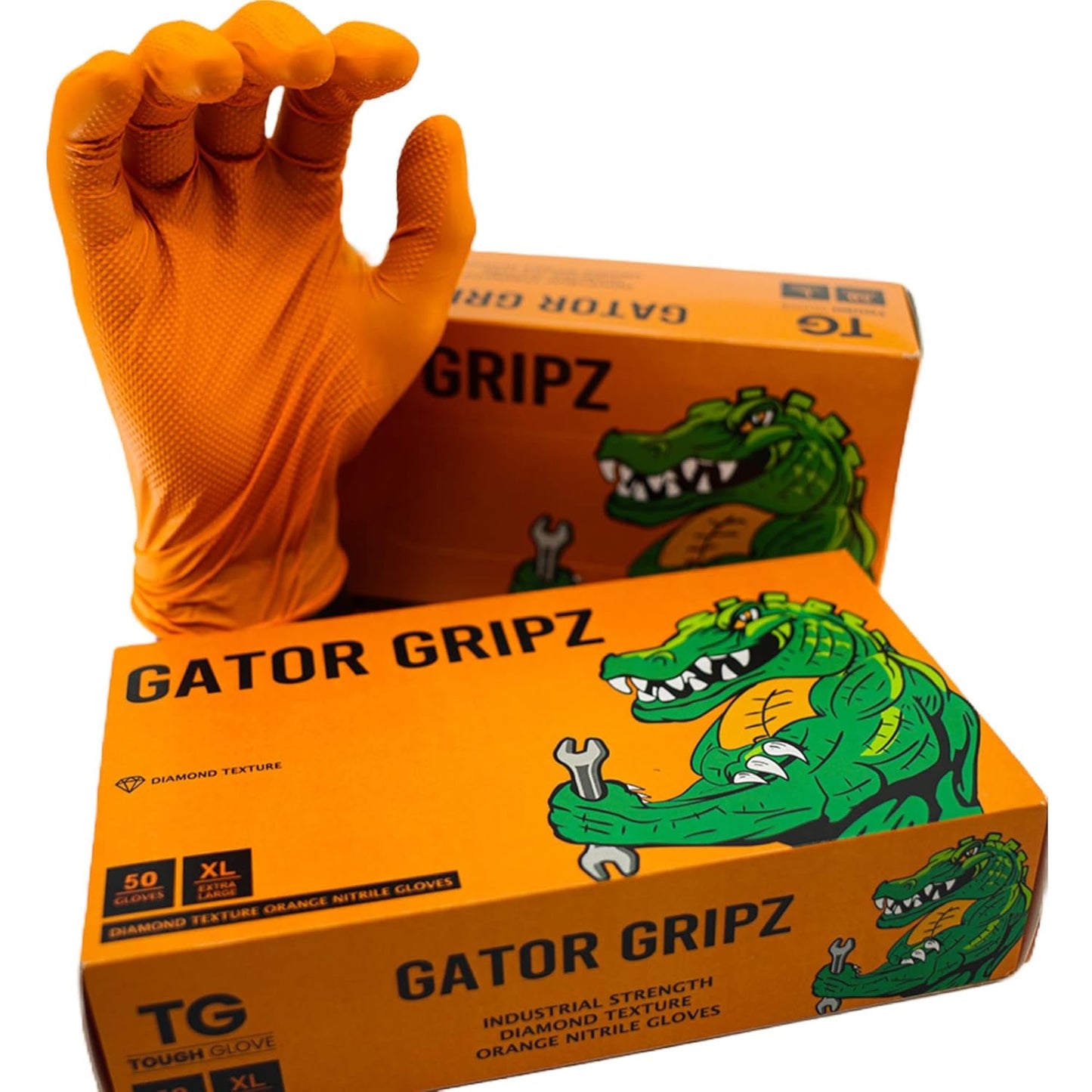 TG TOUGH GLOVE Gator Gripz (XL) Nitrile Gloves (Pack of 50) | Diamond Texture Orange Disposable Gloves | Powder & Latex Free | Super Strong Heavy-Duty Gloves