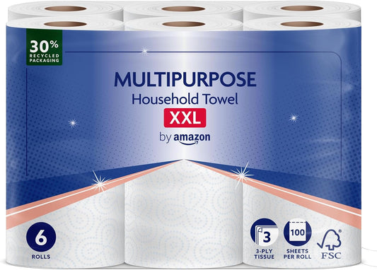 By Amazon Multipurpose Kitchen Roll, 3-Ply, XXL Household Towel, 6 Rolls (Pack of 1), 100 Sheets per Roll, FSC Certified