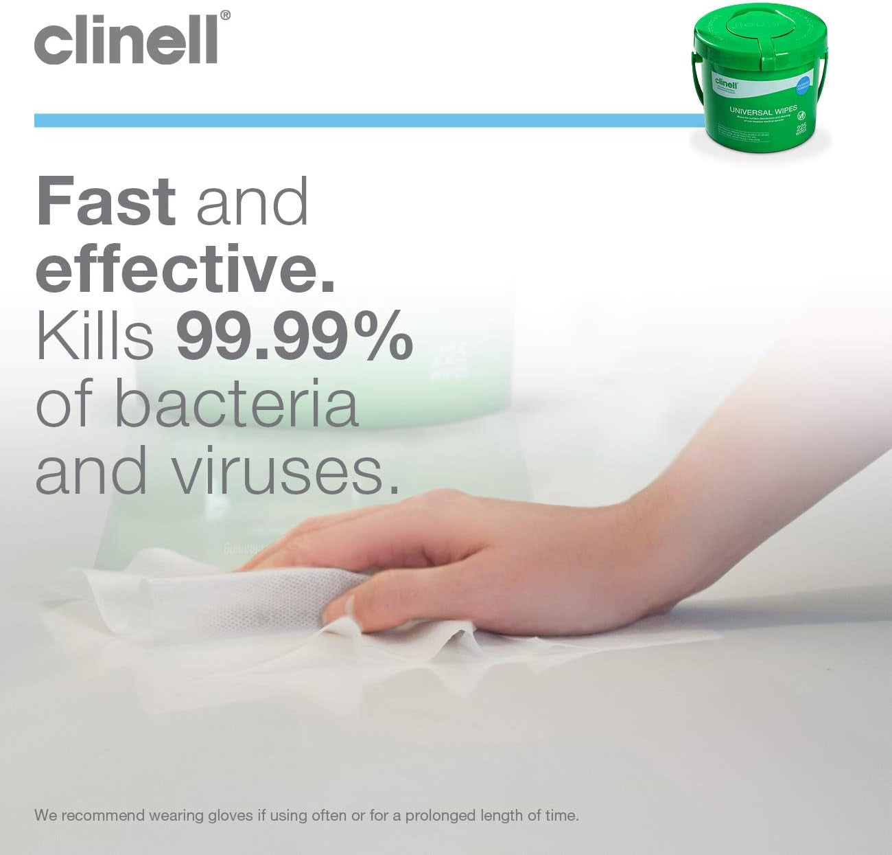 Clinell Universal Cleaning and Disinfectant Wipes Bucket - Pack of 225 - Multi Purpose Wipes, Kills 99.99% of Germs, Effective from 30 Seconds