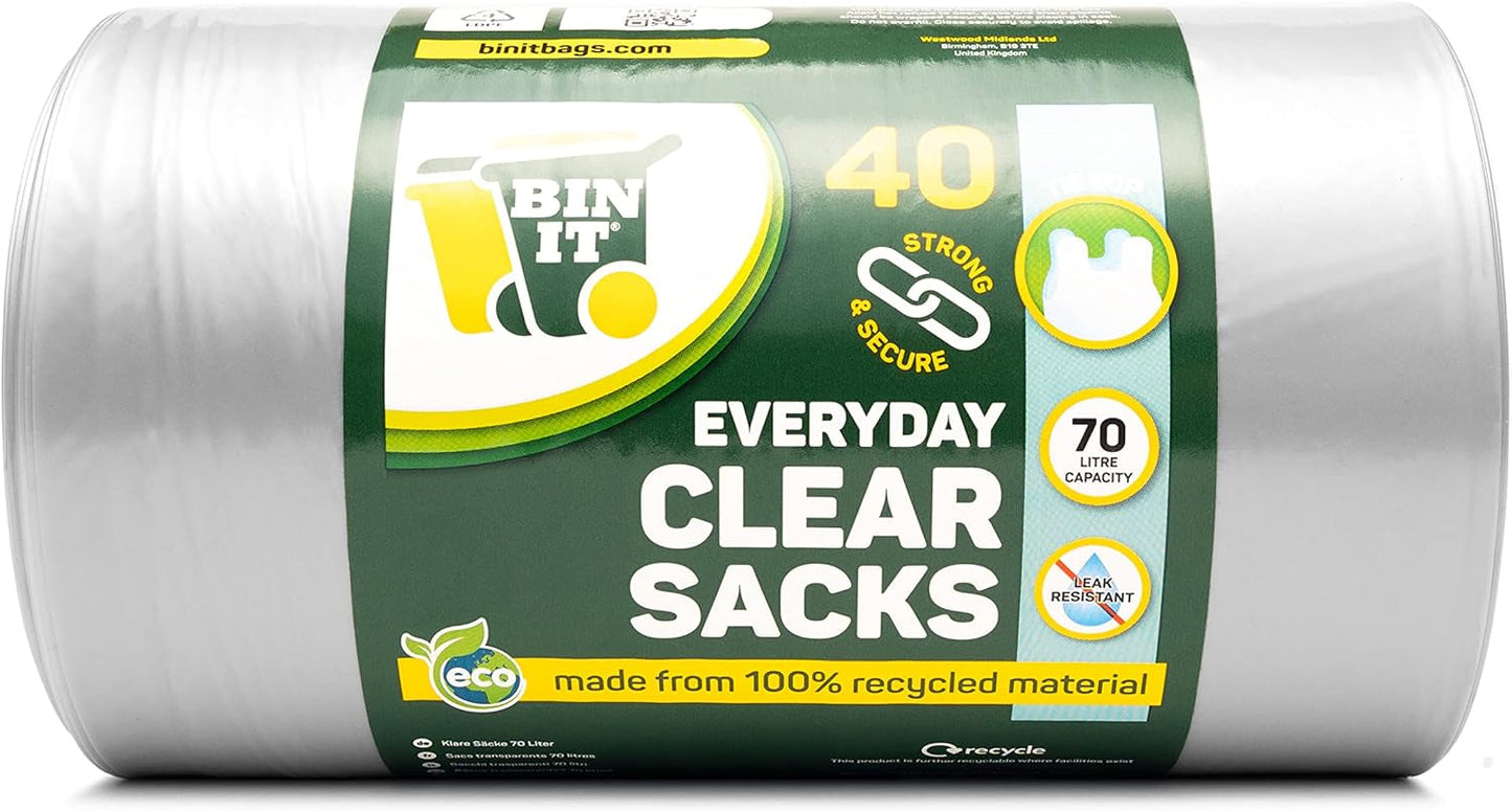 BIN IT 40 Clear Large 70L Strong & Secure, Tie Top, Recycling Sacks, Bin Bags, Bin Liners, Refuse Sacks, Recycled, Tear Resistant, 120 Gauge - 30 Μm, Perfect for Everyday Use