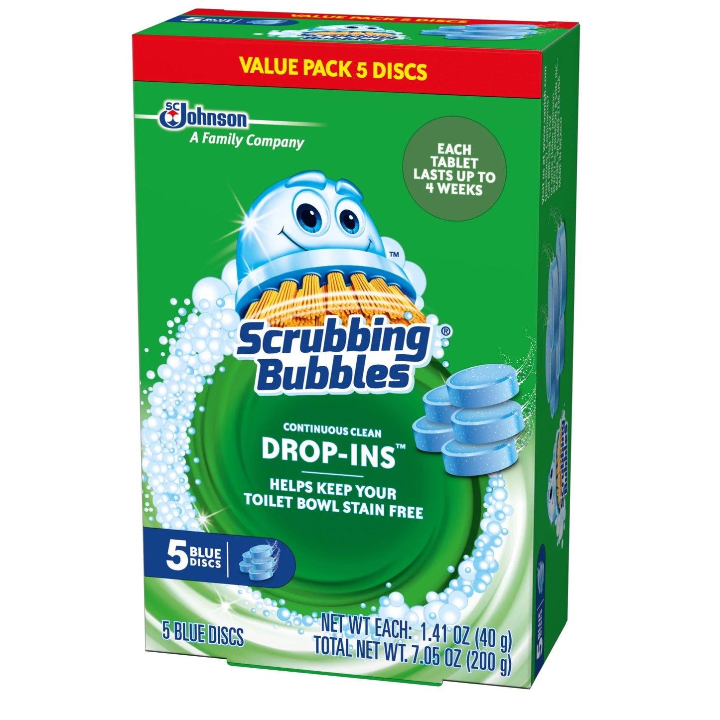 Scrubbing Bubbles Continuous Clean Drop-Ins - One Toilet Bowl Cleaner Tablet Lasts up to 4 Weeks, 5 Blue Discs, 7.05 Oz