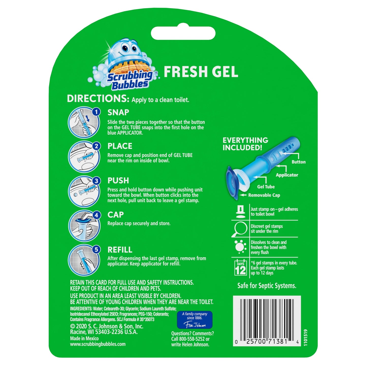 Scrubbing Bubbles Fresh Gel Toilet Bowl Cleaning Stamp, Rainshower, Dispenser with 6 Gel Stamps, 1.34 Oz