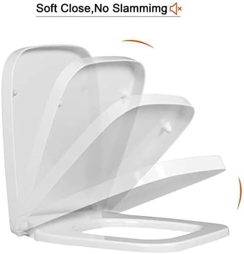 Rectangular Square Toilet Seat Soft Close Toilet Seat Quick Release Loo Seat Easy Cleaning, Easy Installation with Adjustable Hinges White (42Cm L X 36Cm W), Plastic