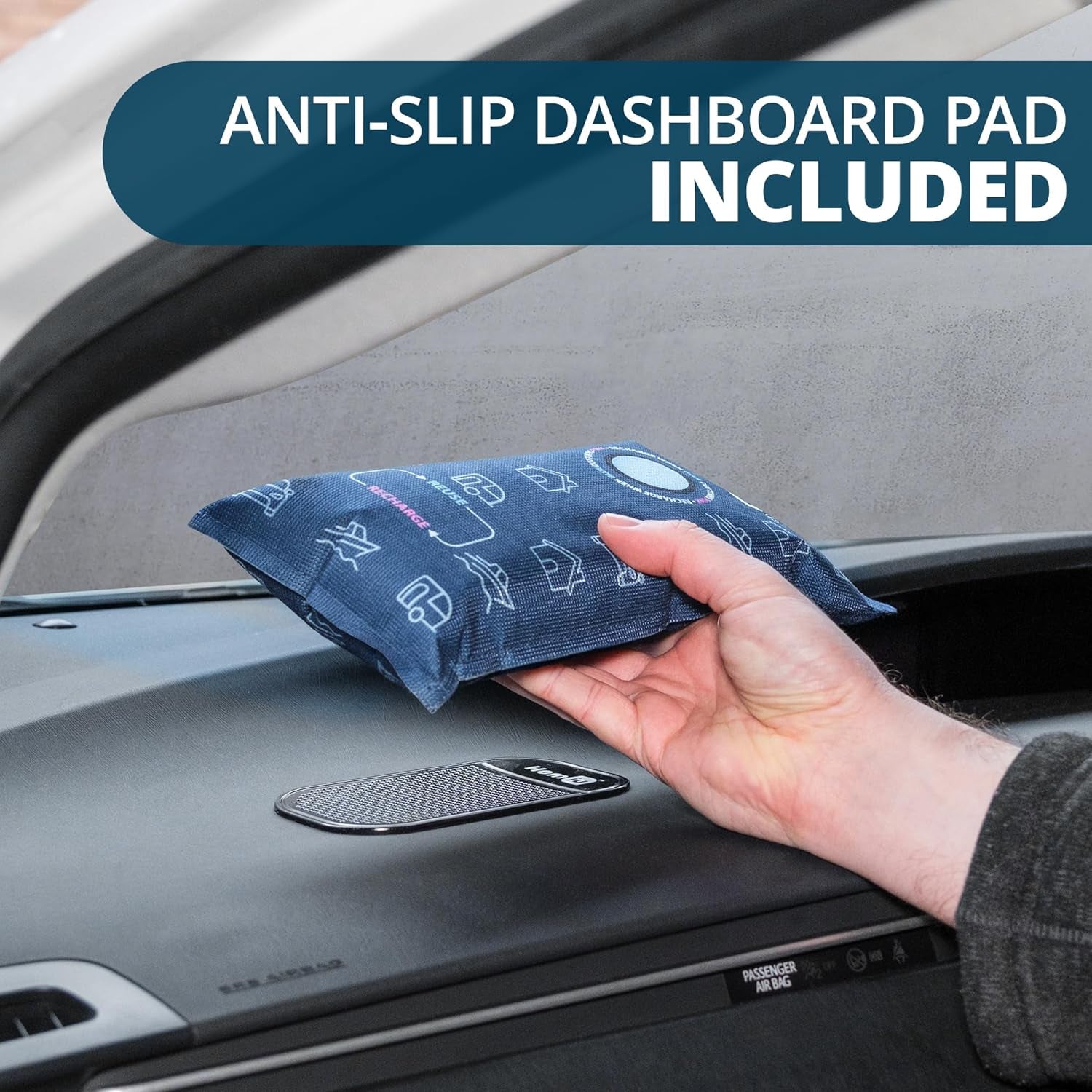 Homiu 2 X 1Kg Car Dehumidifier Bag Reusable - Car Interior Dehumidifier Bag with Dashboard Anti-Slip Pads - Rechargeable Reusable Dehumidifier Silica Gel - Absorbs Moisture Damp Condensation