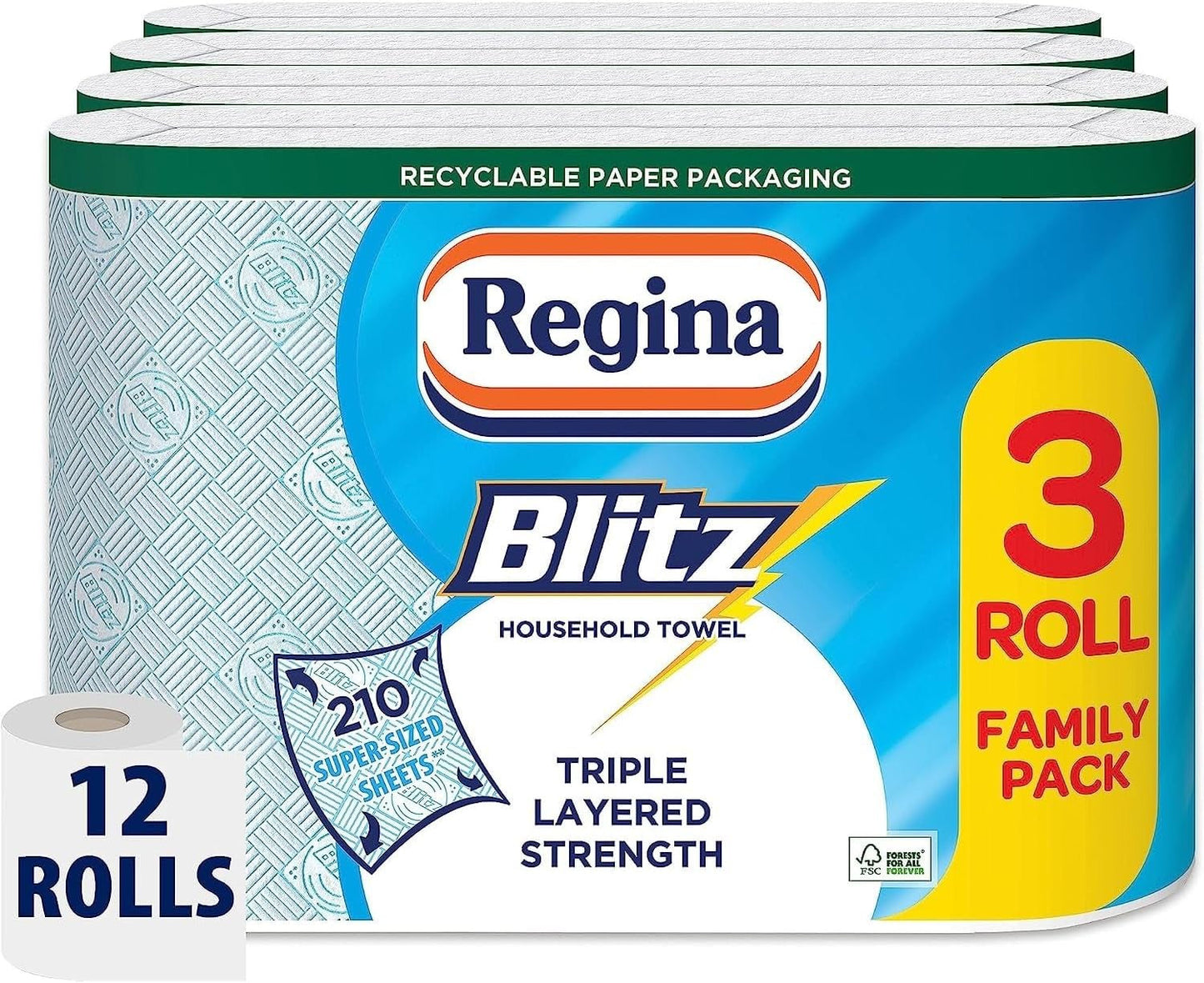 Regina Blitz Household Towels – 12 Rolls per Pack, 3-Ply Kitchen Roll, 70 Sheets per Roll, Paper Packaging, FSC Certified Paper, Recyclable Packaging, 60% Larger than Standard Kitchen Roll Sheets