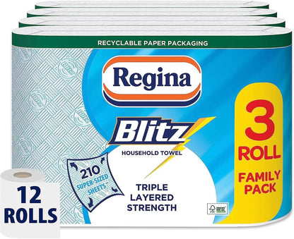 Regina Blitz Household Towels – 12 Rolls per Pack, 3-Ply Kitchen Roll, 70 Sheets per Roll, Paper Packaging, FSC Certified Paper, Recyclable Packaging, 60% Larger than Standard Kitchen Roll Sheets