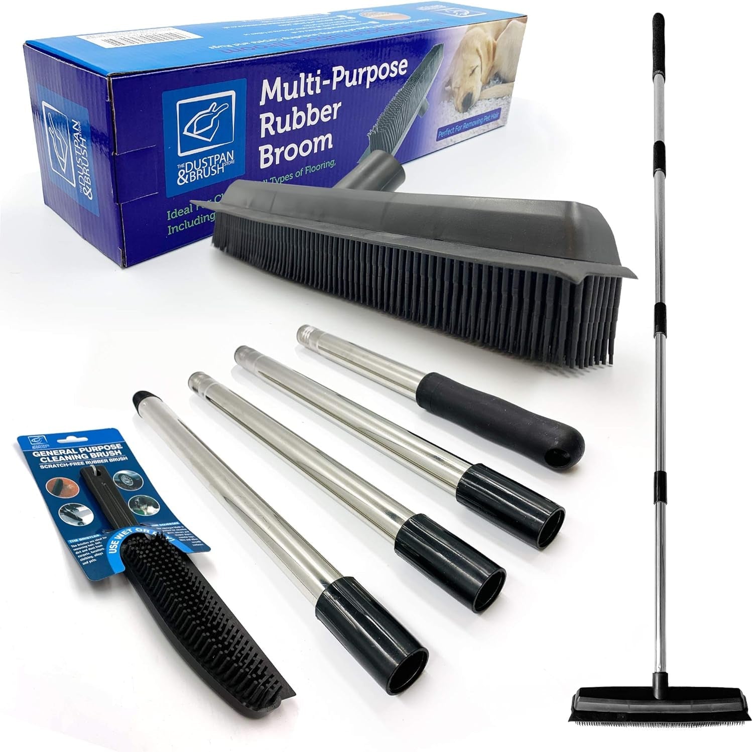 Rubber Broom Carpet Brush Indoor Floor & Carpet Sweeper Silicone Bristle Remove Pet Cat Dog Hair from Flooring Pile Rug with Long Collapsible Handle Kitchen Floor Cleaning Sweeping Brush Rake