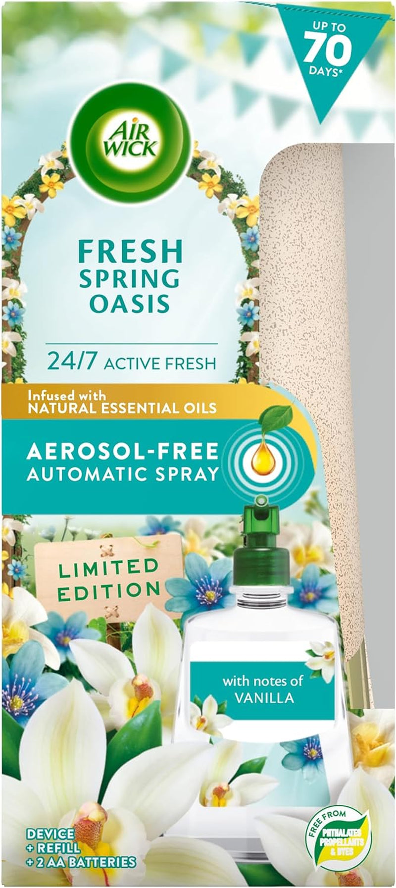 Airwick Aerosol-Free Automatic Air Freshener Spray Kit, Fresh Cotton, 1 Gadget & 1 Refill, 228Ml