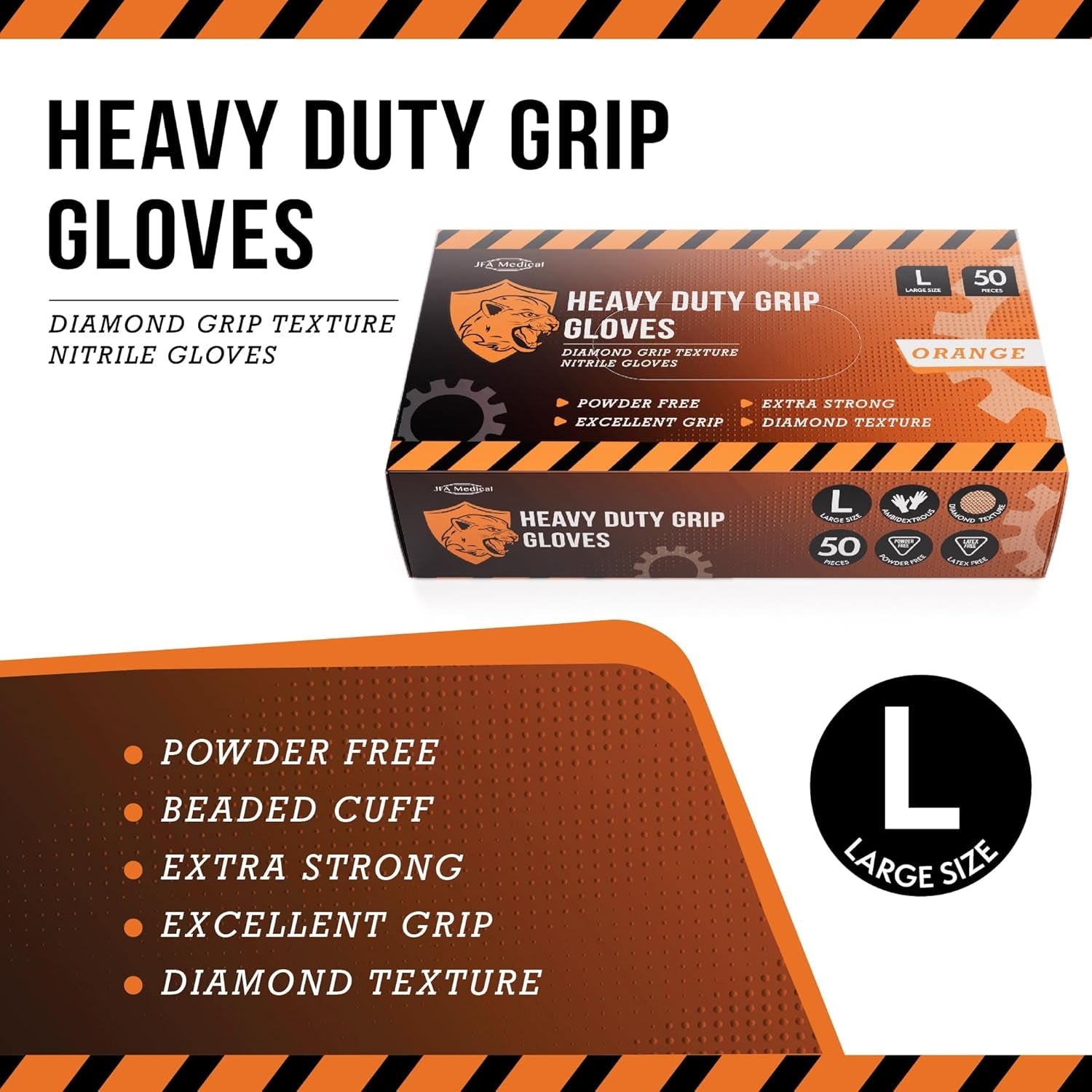 JFA Medical Disposable Heavy Duty Mechanic Powder Free Latex Free Orange Diamond Grip Nitrile Gloves - Box of 50 (Large)