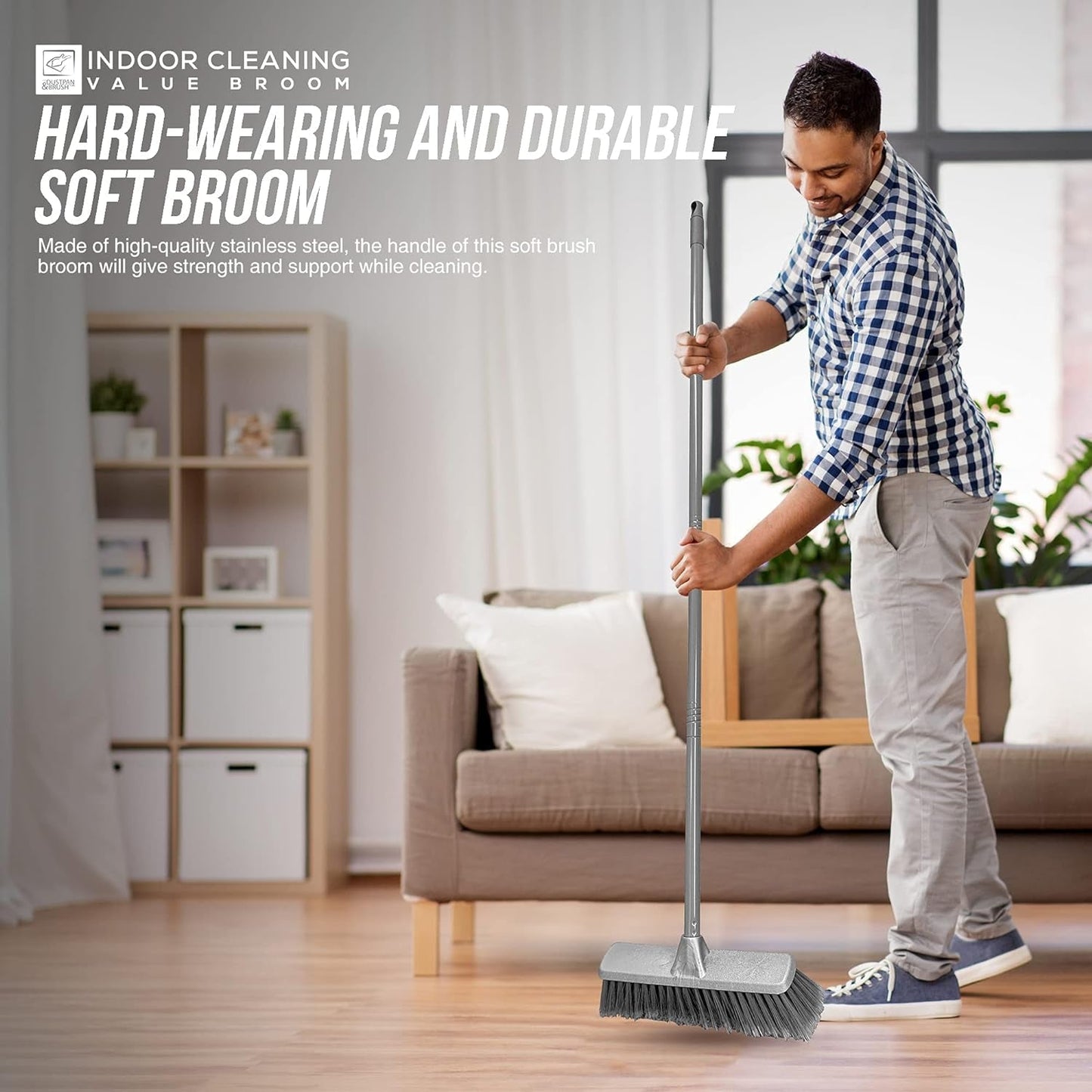 TDBS Soft Indoor Broom (Grey, 120Cm) - Perfect for Laminate, Vinyl or Wooden Floor, with Multi-Section Handle and Flagged Bristle