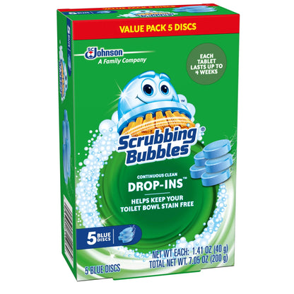 Scrubbing Bubbles Continuous Clean Drop-Ins - One Toilet Bowl Cleaner Tablet Lasts up to 4 Weeks, 5 Blue Discs, 7.05 Oz