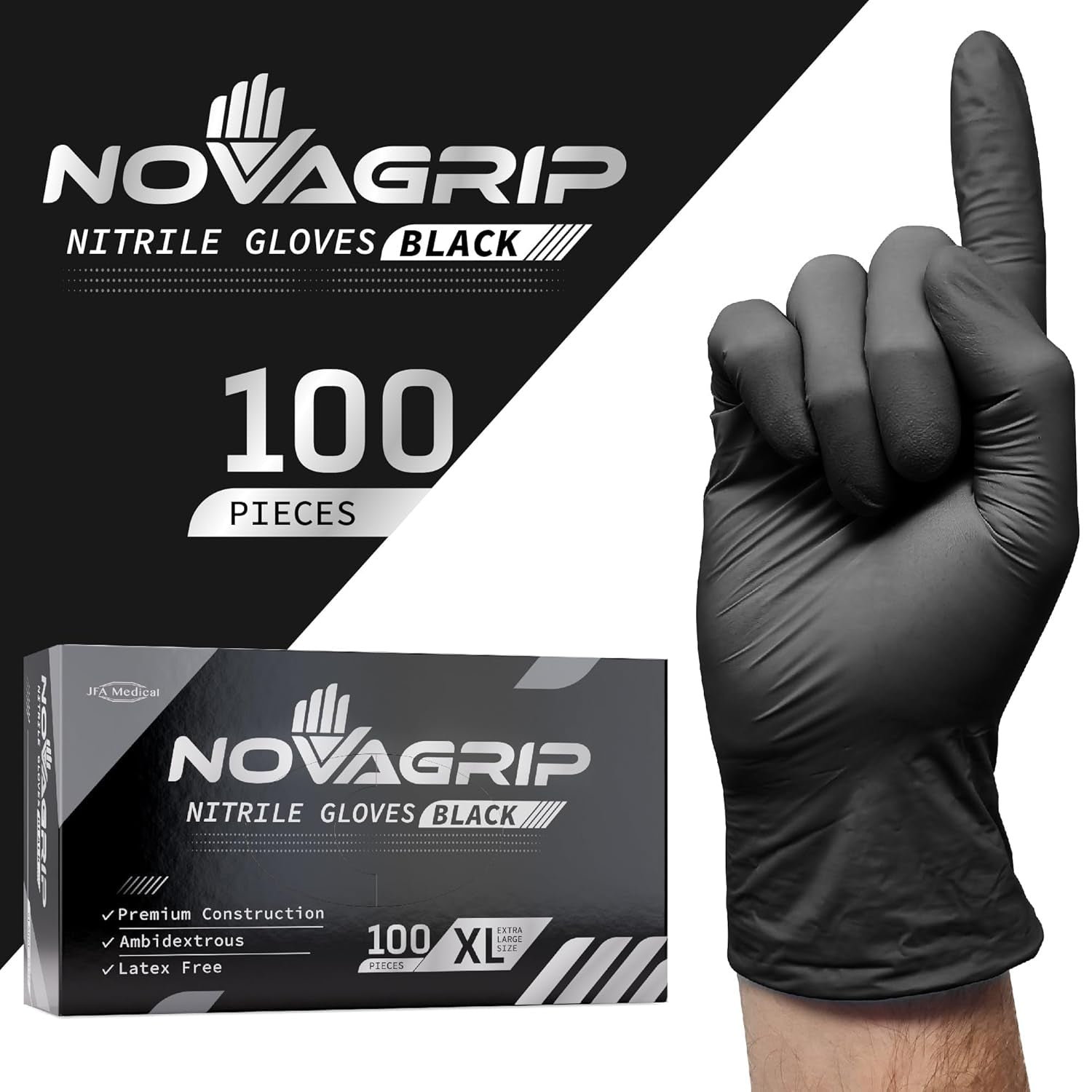 Novagrip JFA Medical Mechanic, Tattooist, Tattoo Disposable Powder Free Latex Free Black Nitrile Gloves - Box of 100 (Extra Large)