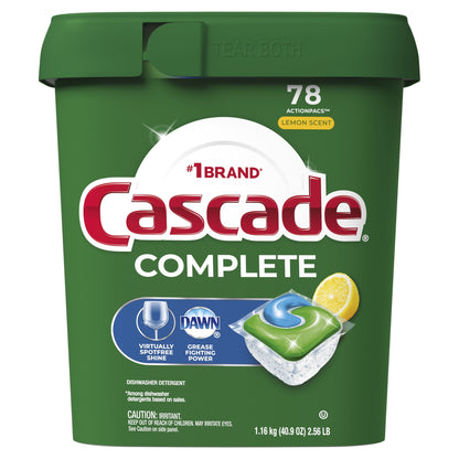 Cascade Complete Dishwasher Pods, Action Pacs Dishwasher Detergent, Dishwasher Tabs, Lemon, 78 Count