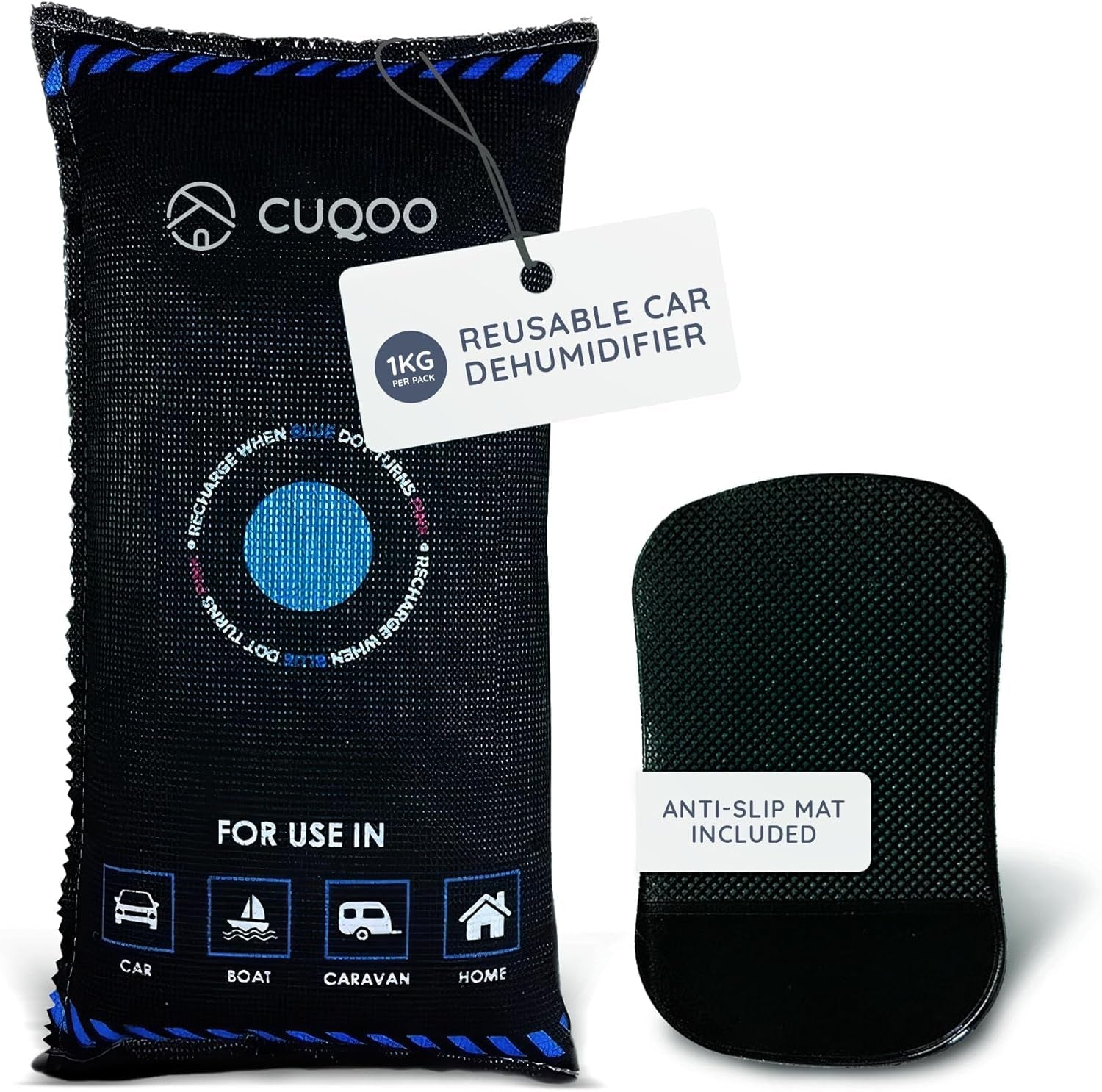 CUQOO Reusable Car Dehumidifier Bag for Car Interior - Moisture Absorber with Dashboard Mounting Anti-Slip Mat, Microwave Fast Reactivated Packets, Rechargeable Dehumidifier