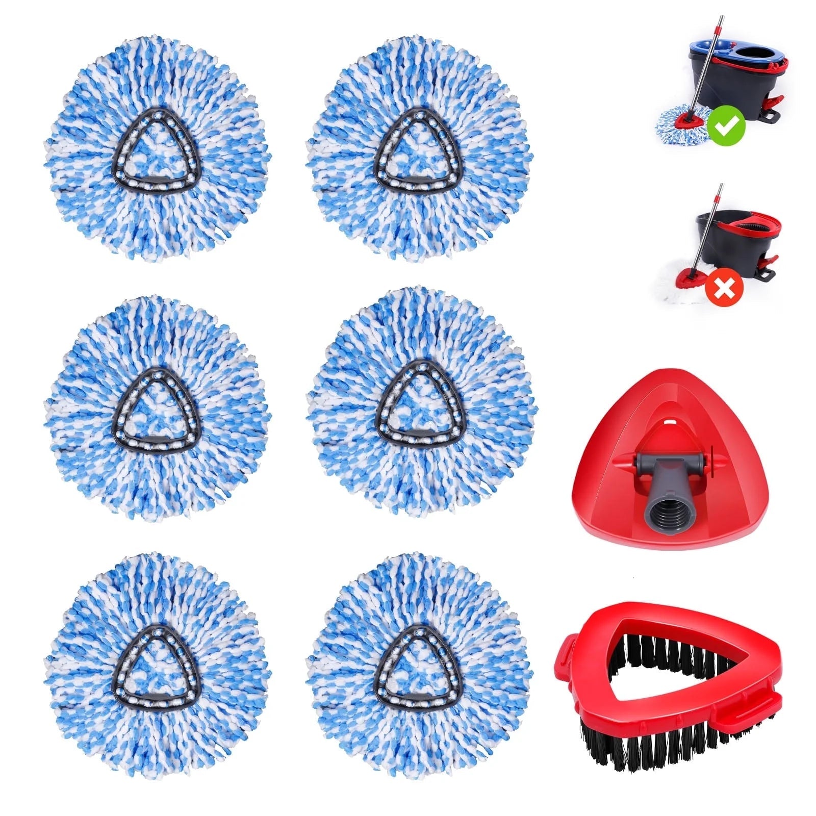 Spin Mop Replace Head for O-Cedar 2 Tank System,Upgraded Scrub Brush Mop Replacement Head for Ocedar, 6 Microfiber Mop Refills, 1 Mop Base and 1 Mop Base Cleaning Brush Combo Set