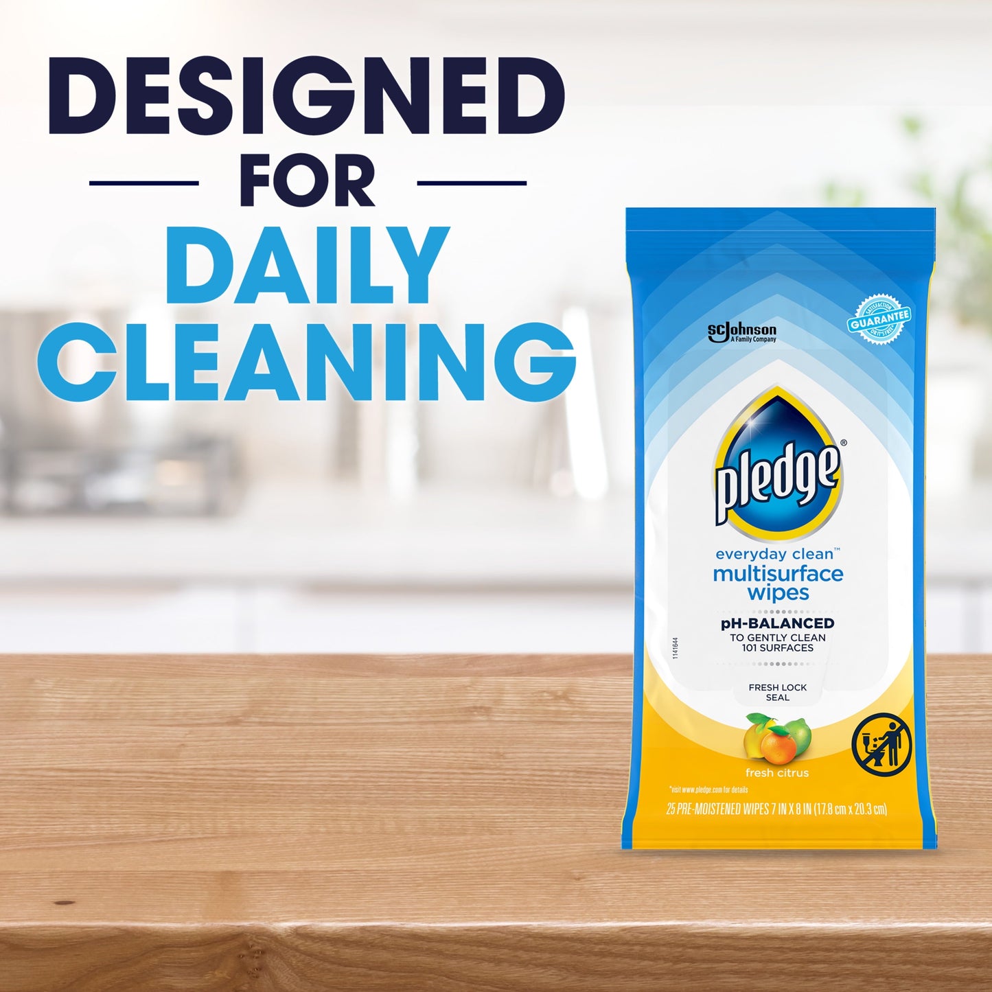 Pledge® Multisurface Wipes, Everyday Clean™ Household Cleaning Cloths, Fresh Citrus Scent, 25 PC