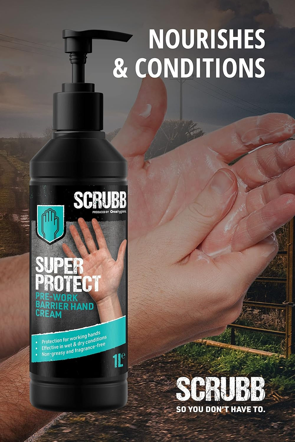 SCRUBB Super Protect Pre-Work Barrier Hand Cream Moisturiser, Non-Greasy, Fragrance-Free, 1L Pump Top Bottle