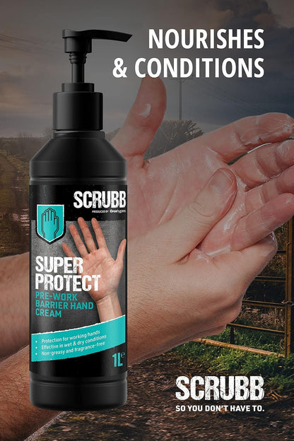 SCRUBB Super Protect Pre-Work Barrier Hand Cream Moisturiser, Non-Greasy, Fragrance-Free, 1L Pump Top Bottle