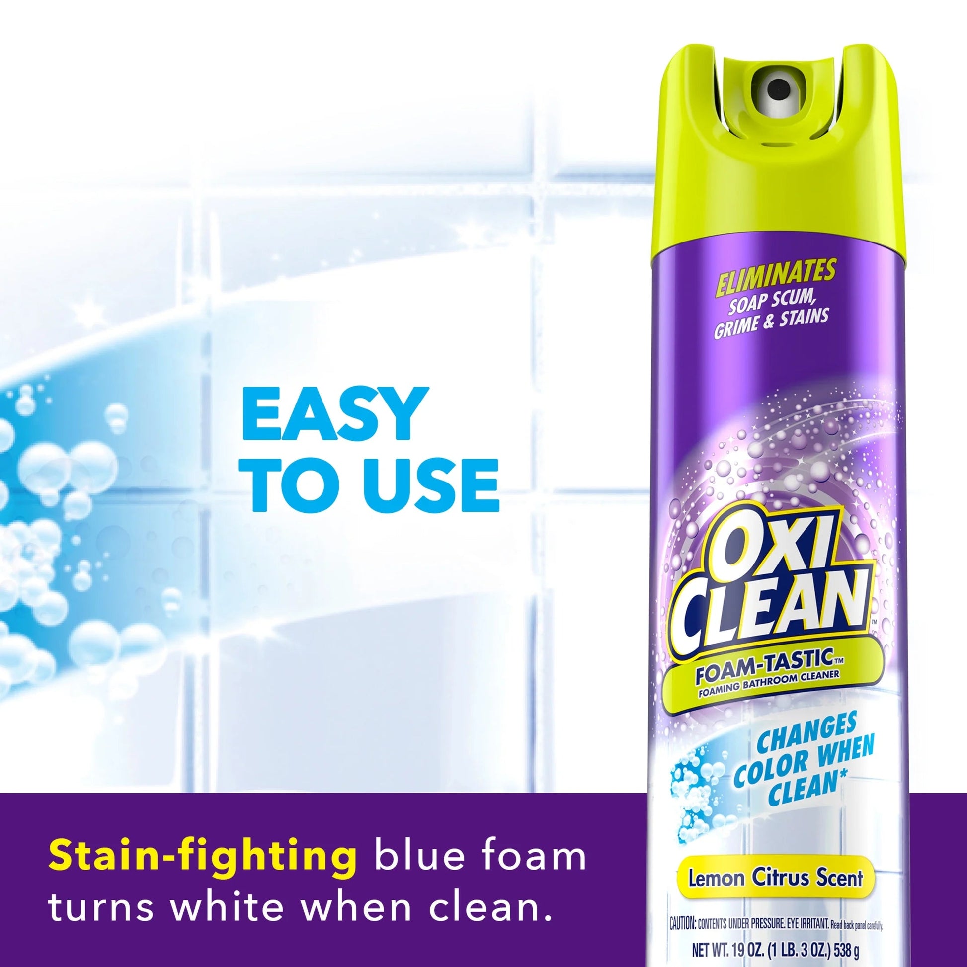 Oxiclean Foam-Tastic Foaming Bathroom Cleaner, Removes Soap Scum, Grime & Stains, Lemon Scent, 19 Oz