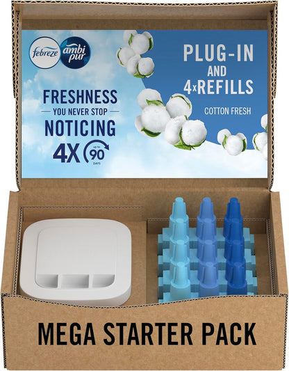 Febreze 3Volution Plug in Air Freshener Starter Kit + 4 Refills, (20Mlx4), Odour Fighter & Bathroom Air Freshener, Cotton Fresh, Plug in Air Freshener Refills 3Volution