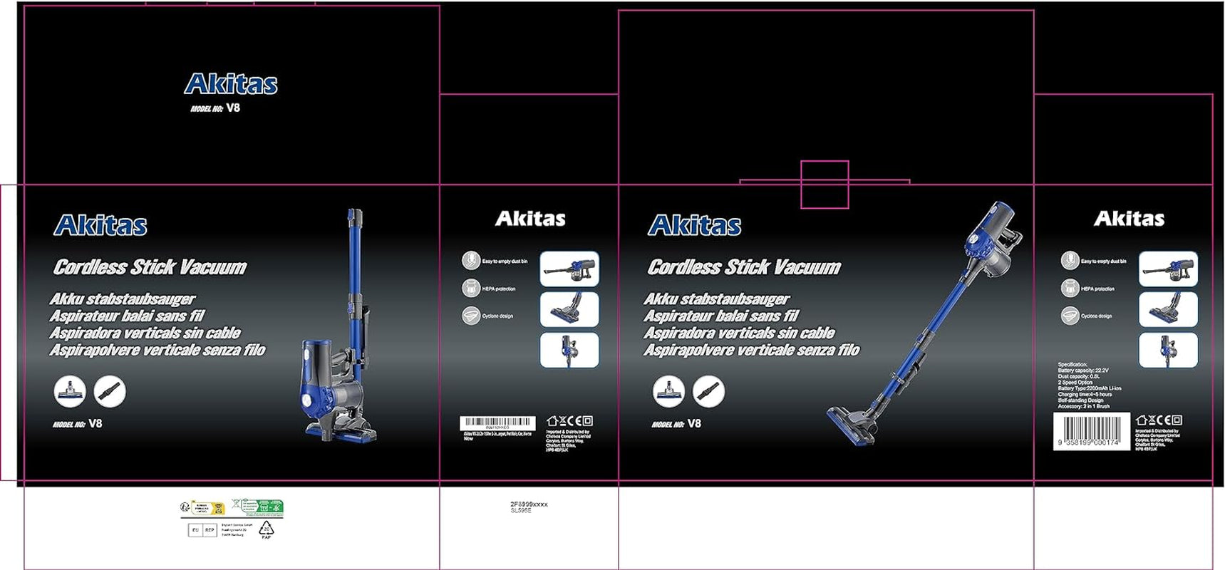 Akitas Cordless Vacuum Cleaner Upright Handheld Stick Lightweight Rechargeable Lithium Battery Good for Carpet, Pet Hair (AKV8)