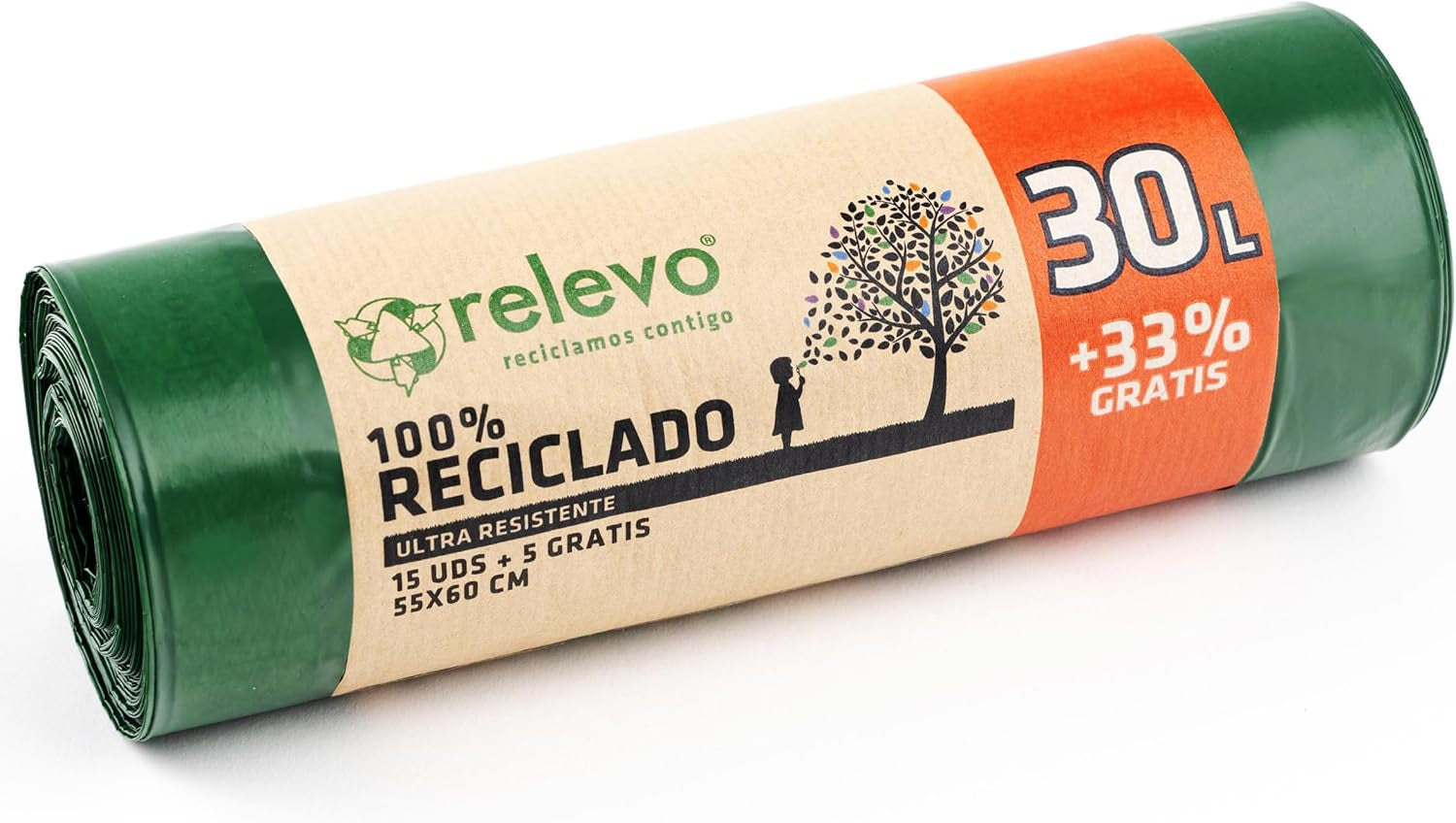 Relevo 100% Recycled Bin Liners, Bin Bags 30L, 90 30 Litre Bin Bags, Garbage Bags