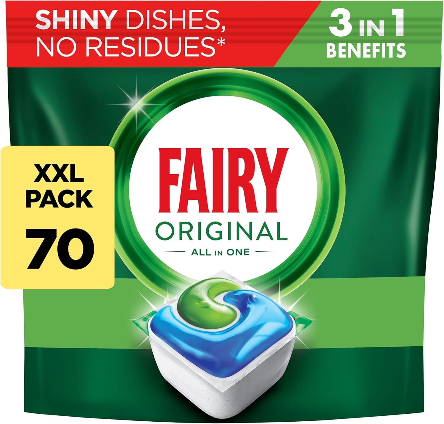 Fairy All-In-1 Dishwasher Tablets Bulk, Fairy Dishwasher Tablets, 70 Tablets, Original, Effective Even on Dried-On Grease, Dishwasher Tabs