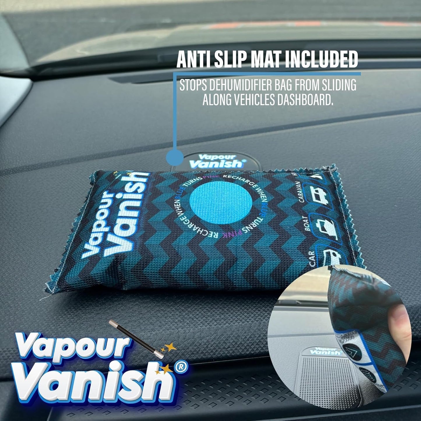 Vapourvanish Reusable Dehumidifier Bags - Car Dehumidifier Moisture Absorber with Dashboard Anti-Slip Mats, Rechargeable Silica Gel Interior Dehumidifiers, Eliminates Foggy Windscreen - Home Wardrobe