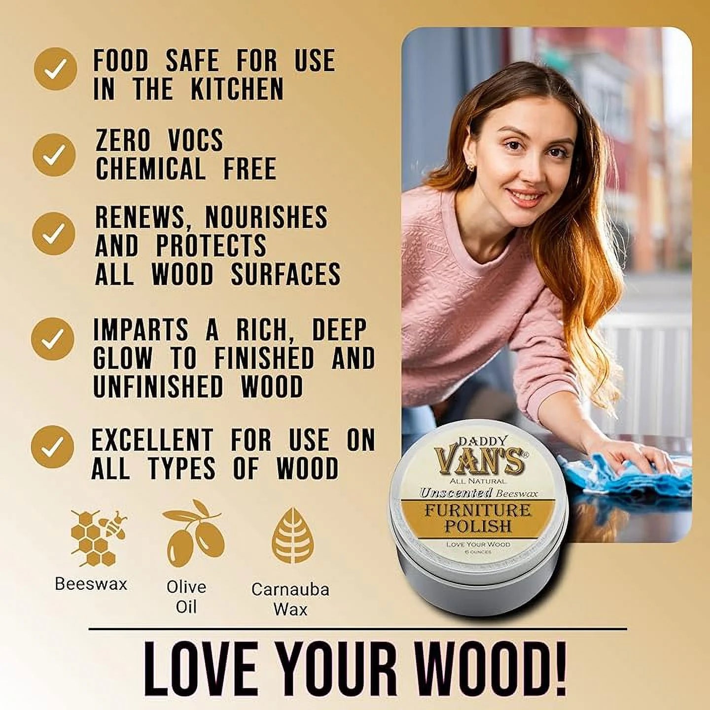 Daddy Van'S All Natural Unscented Beeswax Furniture Polish. Chemical-Free, Non-Toxic, Zero VOC Wood Wax. Nourishes, Conditions and Protects with a Beautiful Healthy Glow.