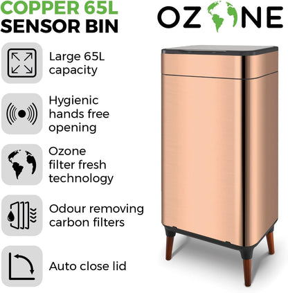 Tower T938022COP Ozone Sensor Bin with Legs, Large 65L, Hands Free Opening, Carbon Filter, Copper